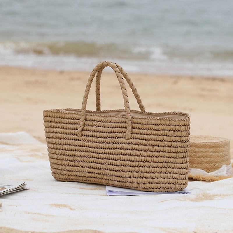 

Handmade Straw Tote Bag Large Capacity Top Handle Basket Bag Bohemian Style Women s Handbag Summer Beach Vacation Straw Bag бежевый