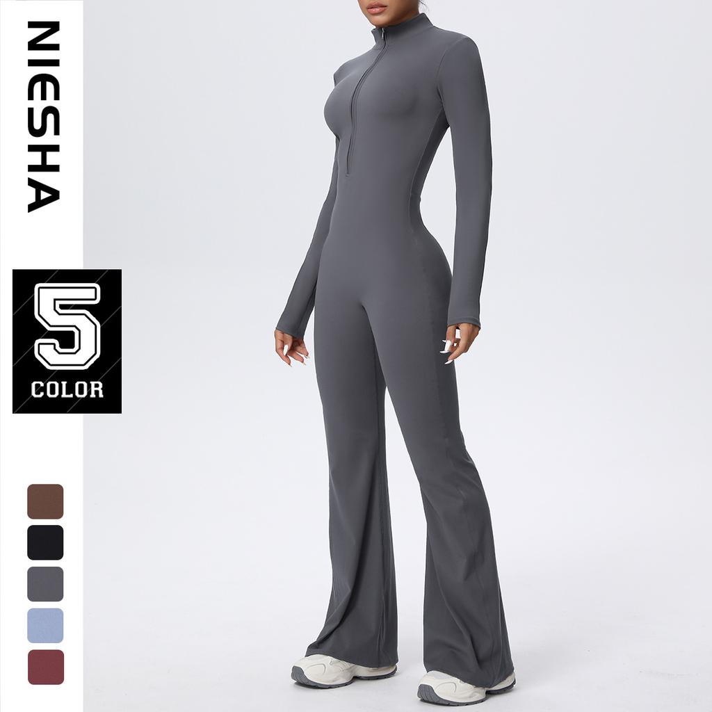Zipper nude long-sleeved yoga flared pants onesie women's running fitness clothes sports trend onesie tights