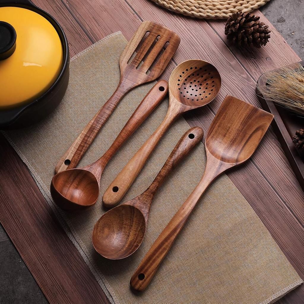 Wooden Cookware, Teak Cookware Non-stick Cookware Wooden Spoon Cookware, Natural Teak 100% Handmade, Without Any Lacquer Kitchen Wooden Utensil Set 5