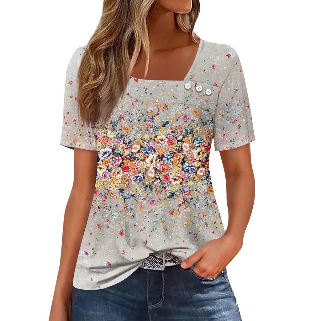 Damen T-Shirt mit lässigem Print, asymmetrischem Halsausschnitt, kurzen Ärmeln, dekorativen Knöpfen