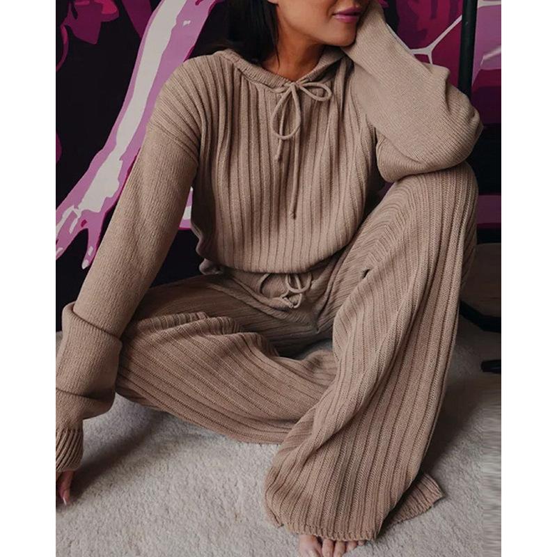 IHUASU Women's Autumn Solid-color Long-sleeved Loose Striped Hooded Casual Suit