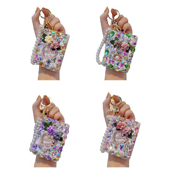 מחזיק מפתחות מראה עם אבני חן Bling מראה איפור מתקפלת תליון למחזיק מפתחות צמיד חרוזים לתיק מפתחות רכב ארנק תיק גב אביזרים
