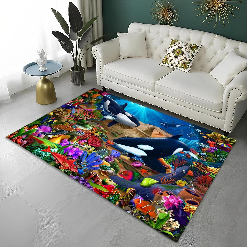 3D Underwater World Seabed Fish Carpet Rug for Home Living Room Bedroom Sofa Doormat Decor,kids Play Area Rug Non-slip Floor Mat