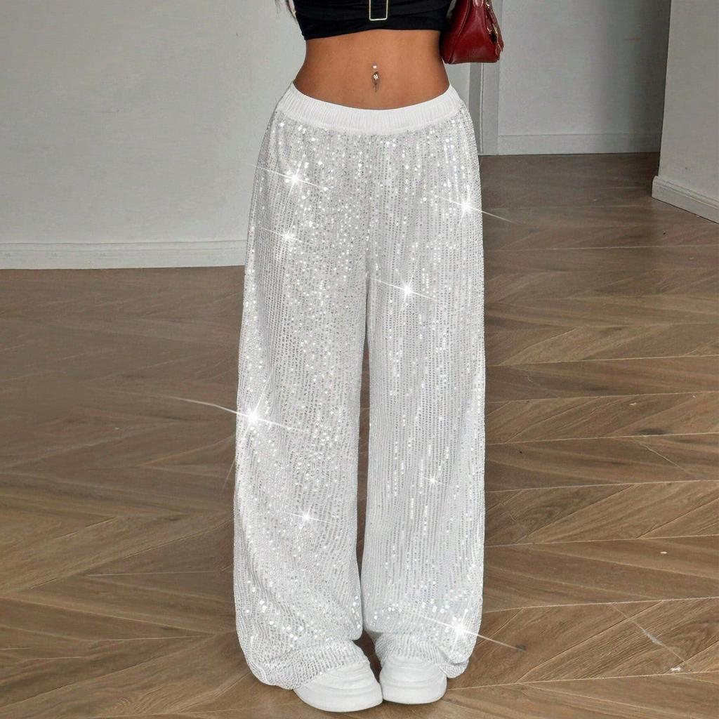 Pantalones de Lentejuelas para Mujer Elásticos de Cintura Alta Pierna Ancha Casual Sueltos Pantalones Brillantes Bling Ropa de Fiesta Club