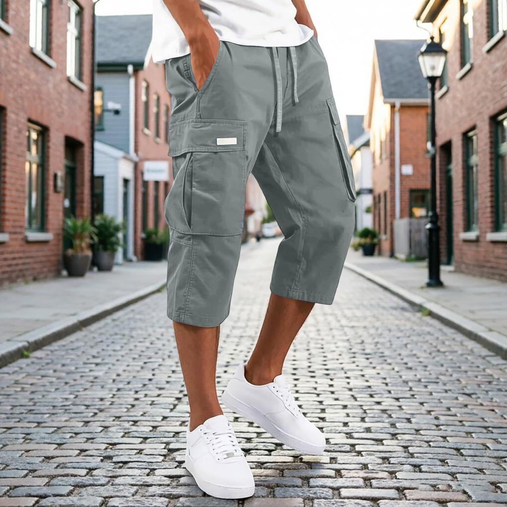 Men's Cargo Shorts Drawstring Waist Multi Pocket Workwear Style Casual Knee Length Trousers Lightweight Durable Fabric