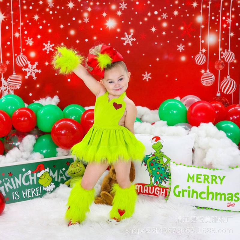 Christmas Costume Green Hair Grinch Short Skirt Cartoon Fairy Skirt Cosplay Princess Dress Performance Dress