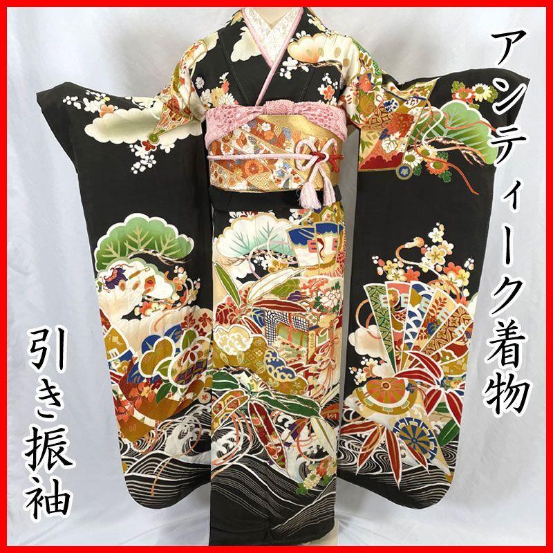 Used 606aa20Antique kimono, furisode, five crests, wave and imperial carriage, retro modern, Taisho Roman, Showa retro, Japanese and Western MIXGood
