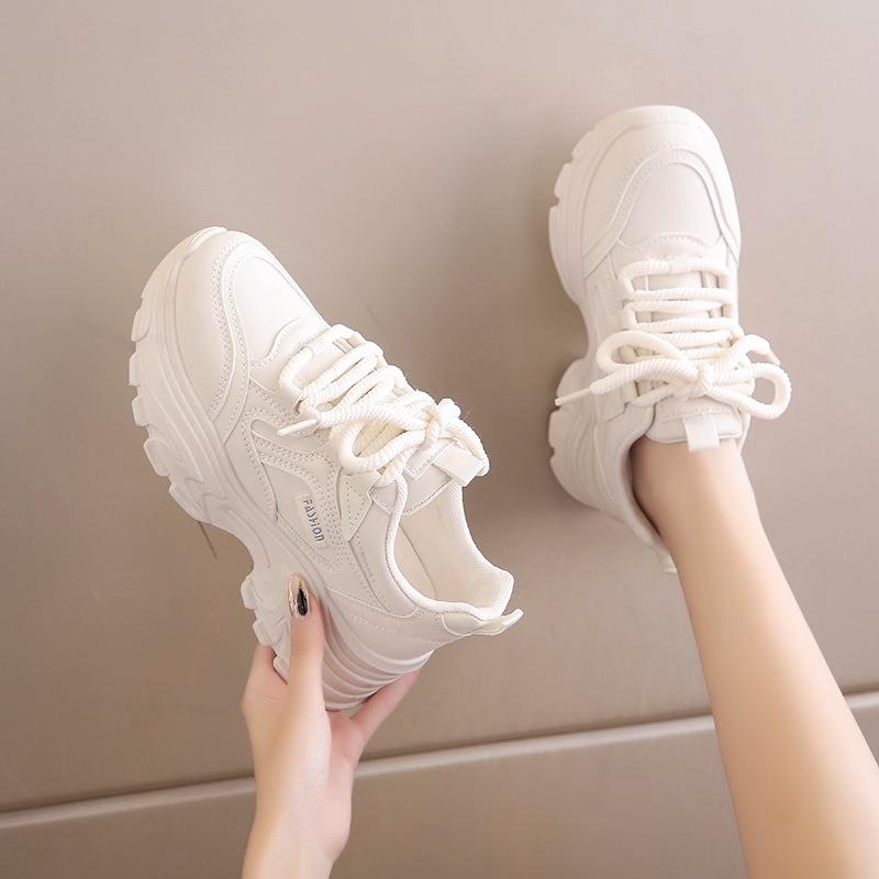 Platform Dad Shoes Women's Spring and Autumn New Leather Waterproof Sports Casual Shoes Dad Shoes
