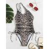 Sexy Leopard Print One-Piece Swimsuit Single Shoulder Women's Exposed Back Drawstring Bikini Sensual Poolwear Beach