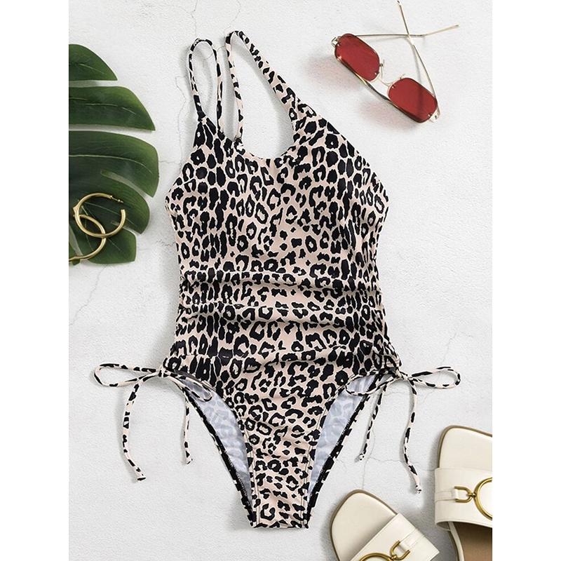 Sexy Leopard Print One-Piece Swimsuit Single Shoulder Women's Exposed Back Drawstring Bikini Sensual Poolwear Beach
