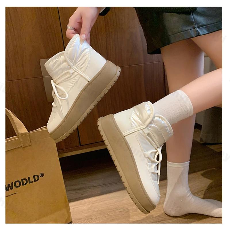 Femmes Nouvelles Bottes d'Hiver d'Extérieur Antidérapantes à Plateforme à Lacets Chaussures de Marche en Coton Féminines Décontractées Imperméables Peluche Chaud Bottes de Neige