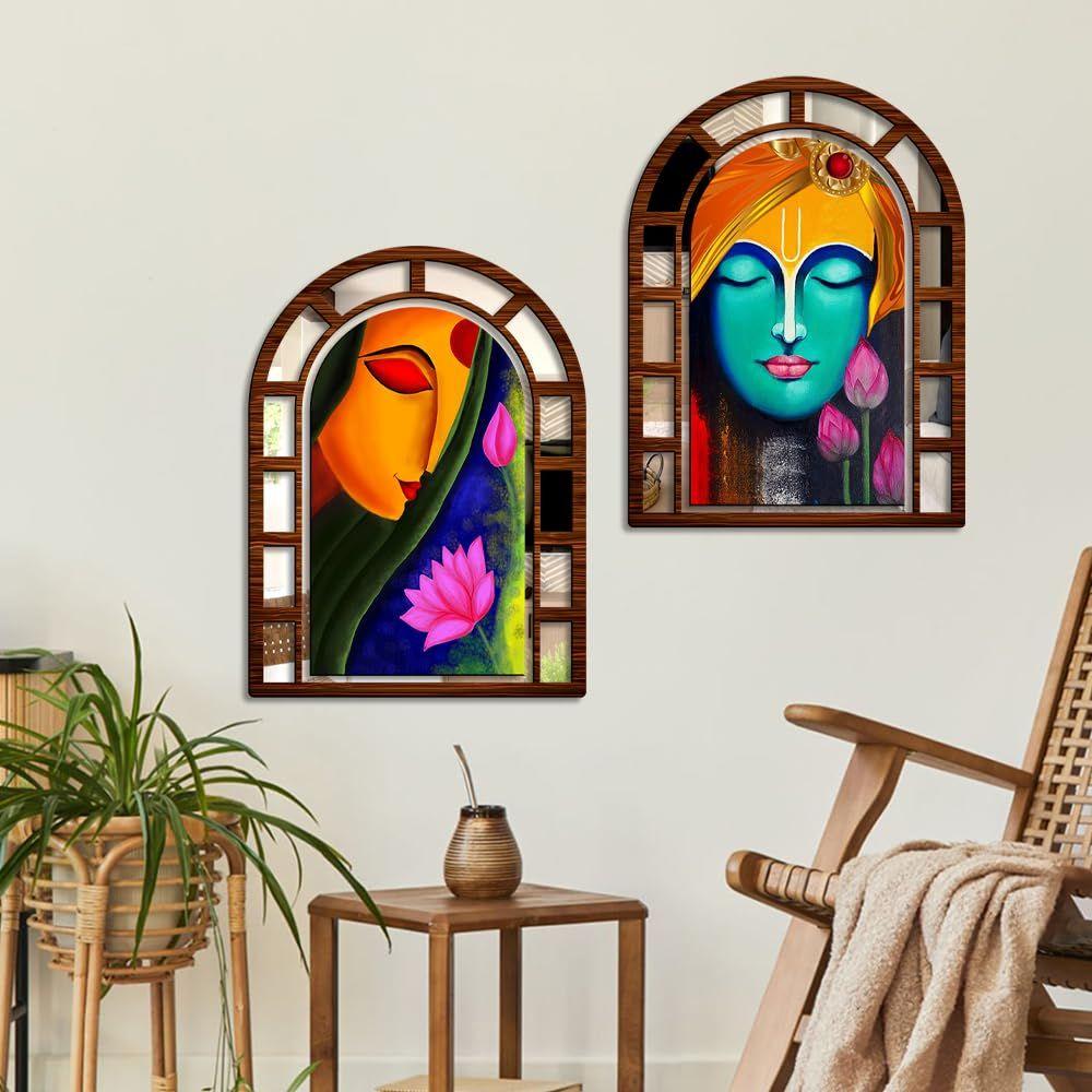 Sehaz Artworks RadhaKri Mirror Jharokha Wall Decor for Living Room-40x30 CM Wall Hanging Wall Hangings For Living Room, Home Decoration Items