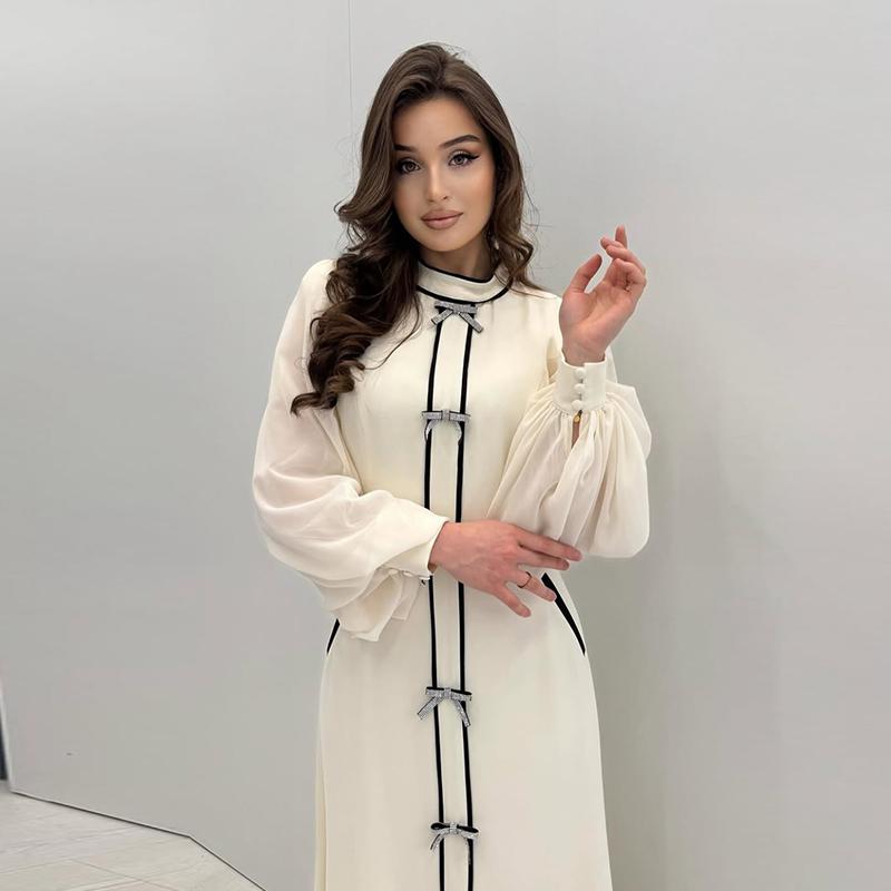 Ladies' Contrasting Round Neck Bow Decoration Long Dress with Slim Fit Temperament Spring and Summer New Women's Elegantlong Sleeved Dresses