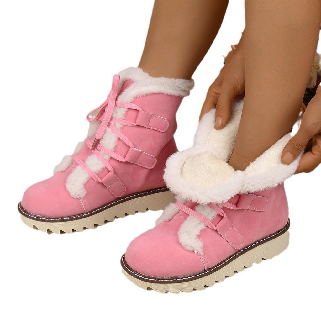 Snow Boots Women's Winter New Round Head Lace-up Casual Piled Thickened Women's Mid-tube Cotton Shoes