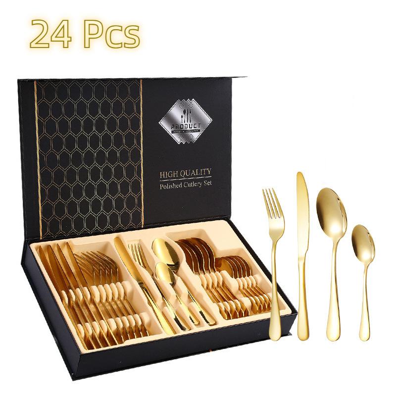 

Набор столовых приборов из нержавеющей стали из 24 предметов, столовые приборы в западном стиле, нож для стейка, вилка, ложка, подарочная коробка, набор столовых приборов Advanced золотой