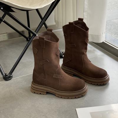 Botas femininas de cor sólida da moda, botas de cano médio, bico redondo, salto grosso, botas de cano curto para outono e inverno, sapatos femininos