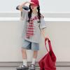 Girls' Korean Style Summer Striped Shawl T-shirt & Denim Shorts Set for Big Kids