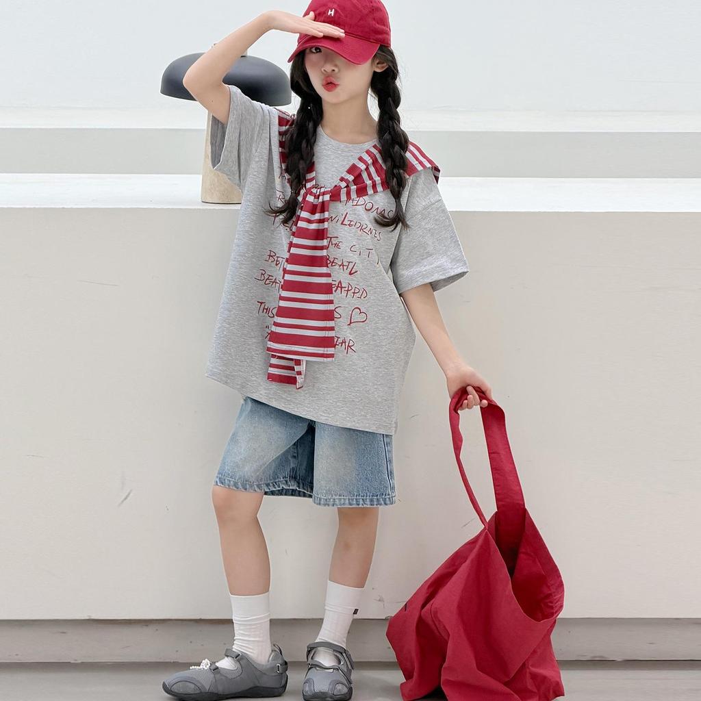 Girls' Korean Style Summer Striped Shawl T-shirt & Denim Shorts Set for Big Kids