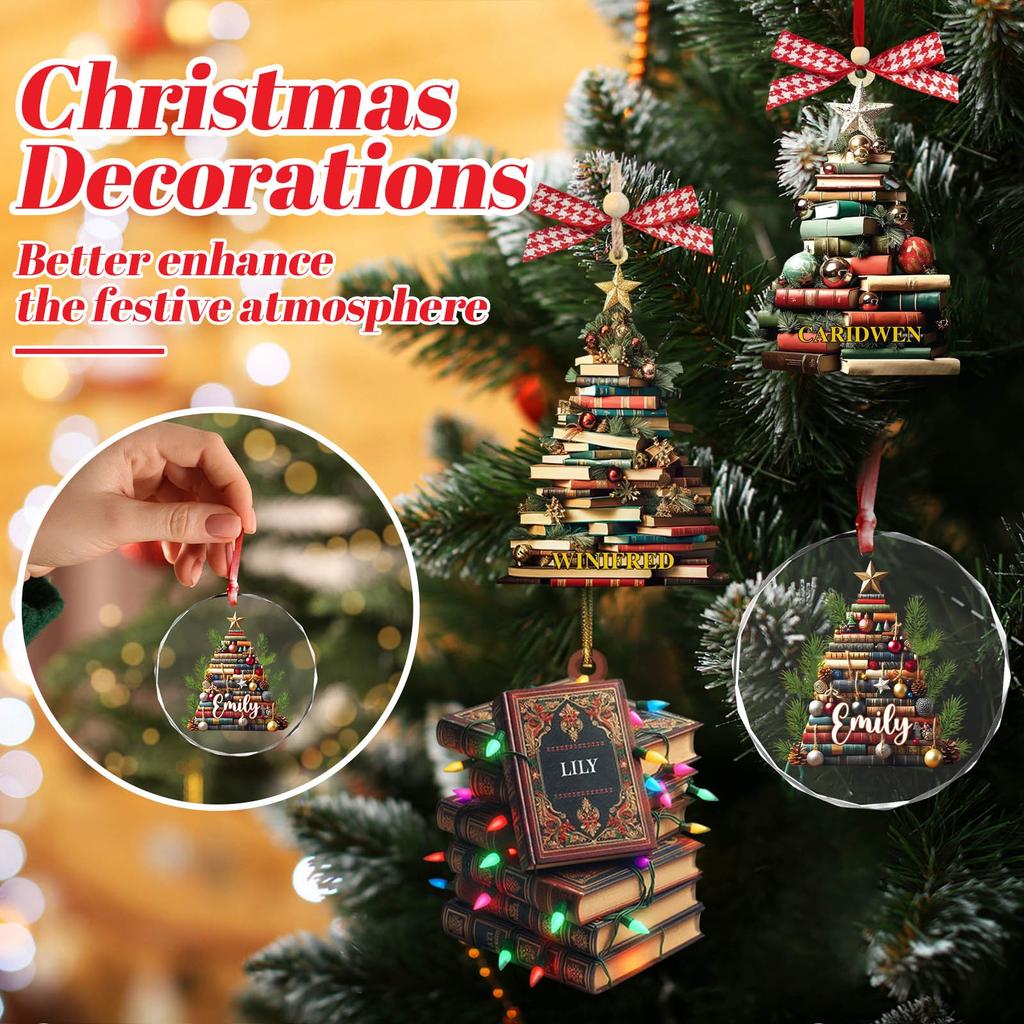 Vánoční ozdoby Bookworm 2D ploché, Vánoční ozdoba knihovna, Dárek pro milovníka čtení učitele, knihovníka, přátele knihomoly, upomínkové dárky