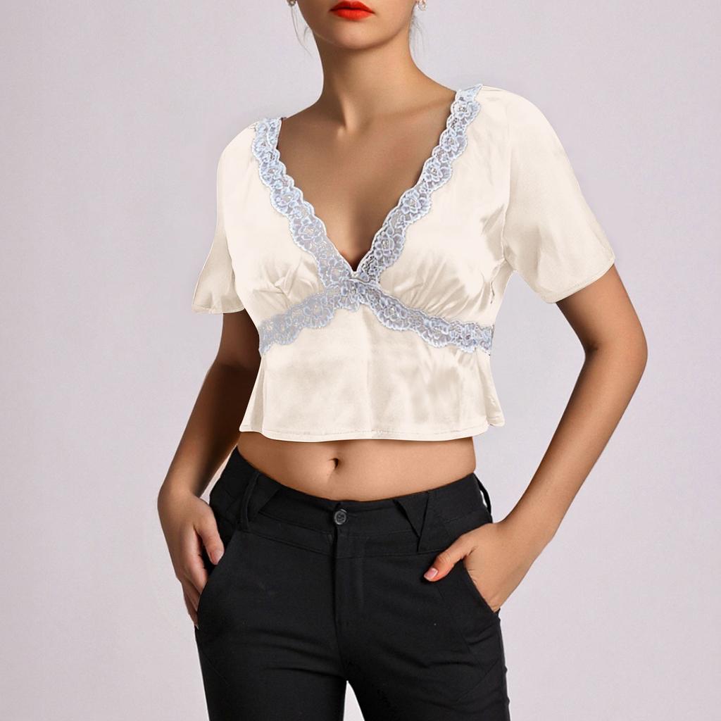 Women's Fashion Casual Summer Lace Sexy Slim Navel-Exposed Short Sleeve Top
