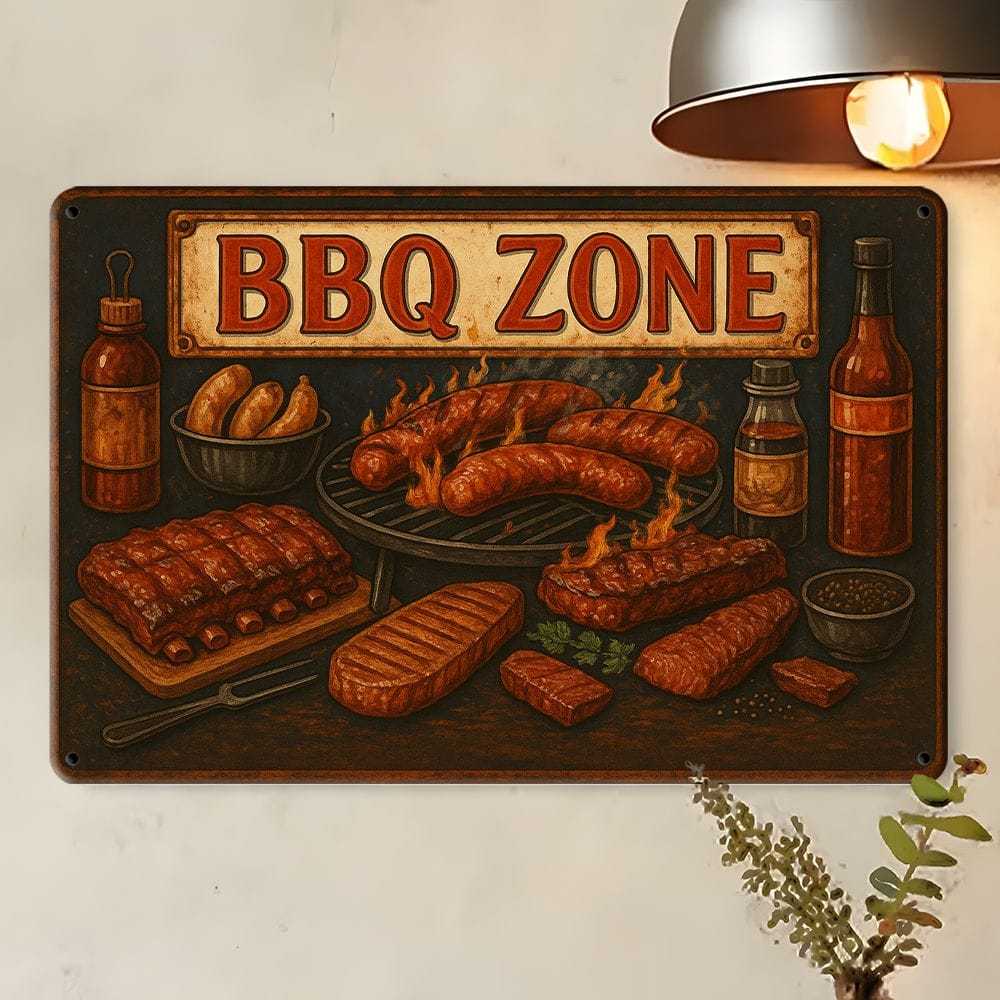 BBQ Zone Retro Metal Sign 20x30cm - Grilled design wall decor for home, bar, or restaurant.