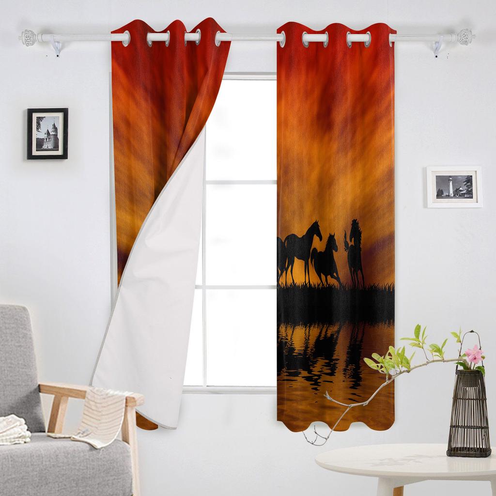 Horses Sunset Lake Scenery Window Curtains Bedroom Kitchen Decor Curtain Panel Window Curtains for Living Room