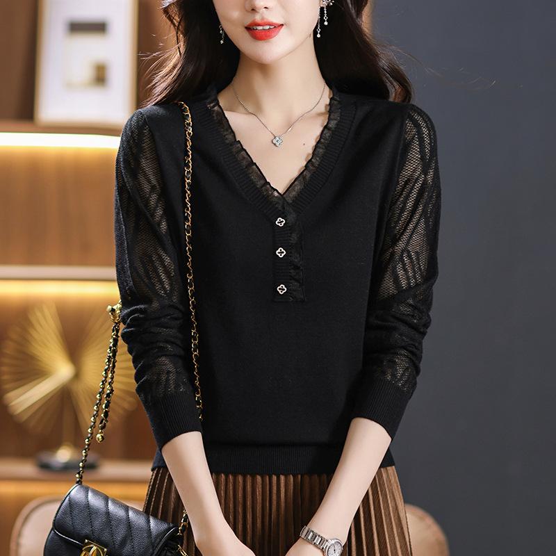 

Long-sleeved knitted sweater top spring and autumn new retro, lace splicing sweater bottoming shirt One Size чёрный