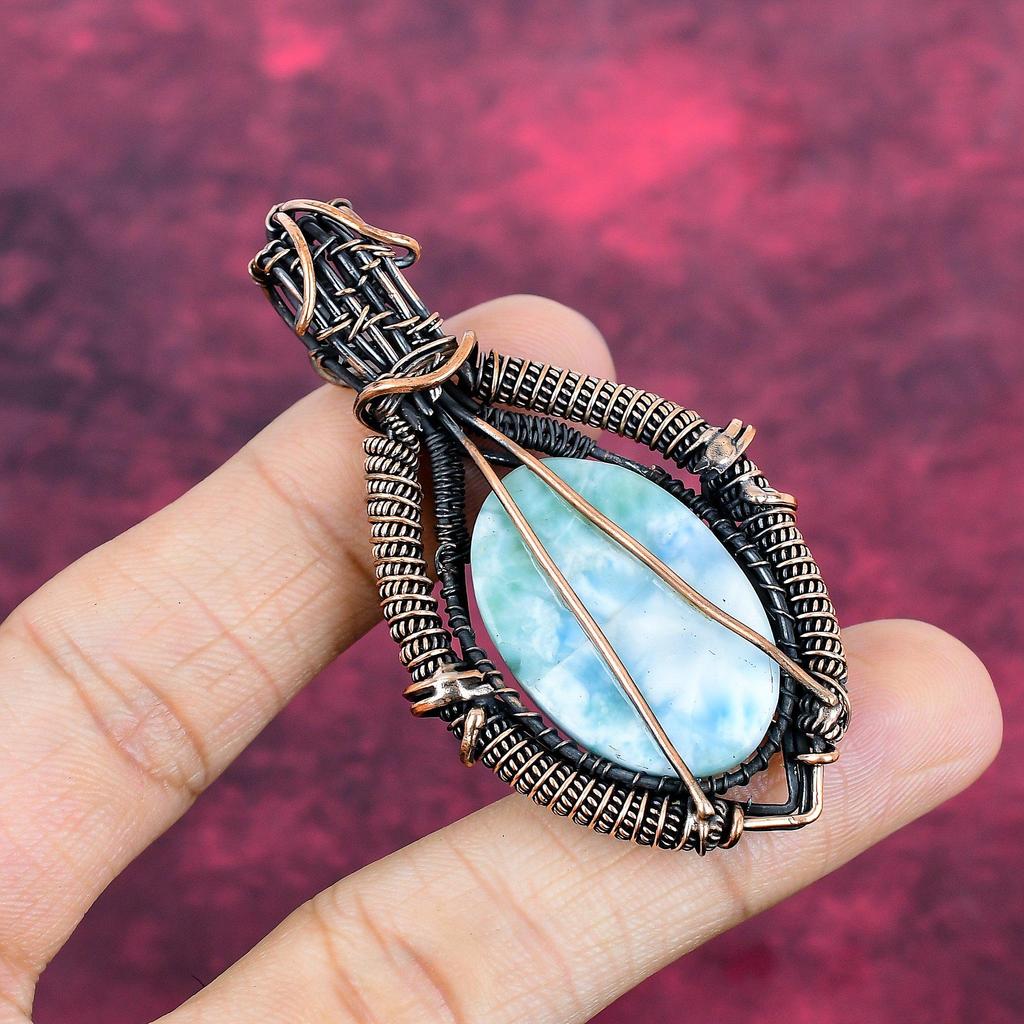 Larimar Gemstone Pendant Rainbow Moonstone Pendant Copper Wire Wrapped Jewelry