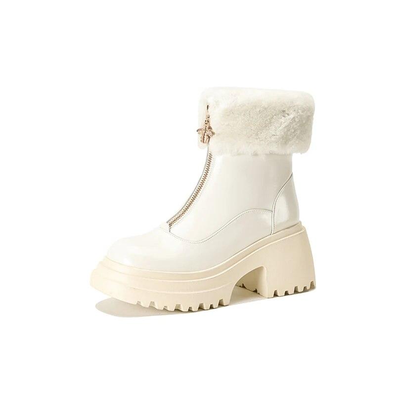 

Meotina/женские ботильоны из натуральной кожи с круглым носком на толстом высоком каблуке и молнии на платформе, шерстяные короткие ботинки, женская модная зимняя обувь 34 бежевый