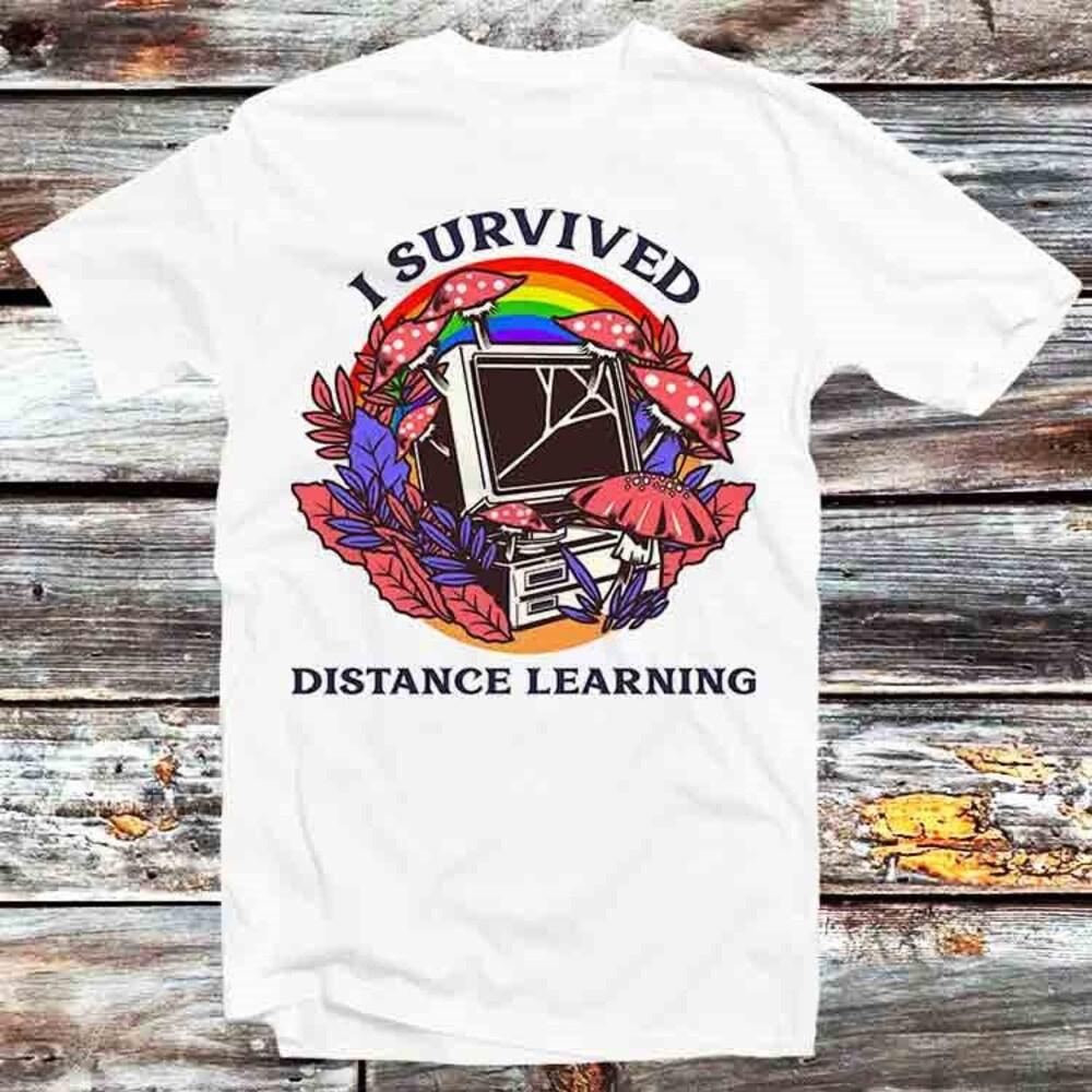 

230GSM 100% Cotton T-Shirt Magic Mushroom I Survived Distance Learning T Shirt Vintage Retro Cool Gift Mens Womens Unisex Cartoon Anime Top Tee B972 XS белый
