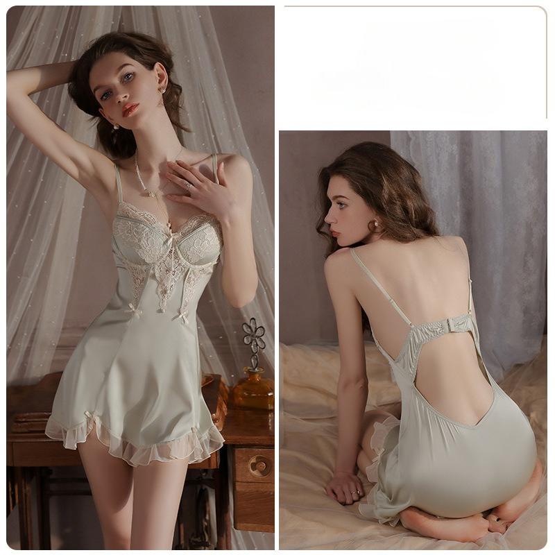 Women’s Satin Lace Sleep Dress Backless Cami Nightdress with Floral Mesh and Padded Underwire Bra
