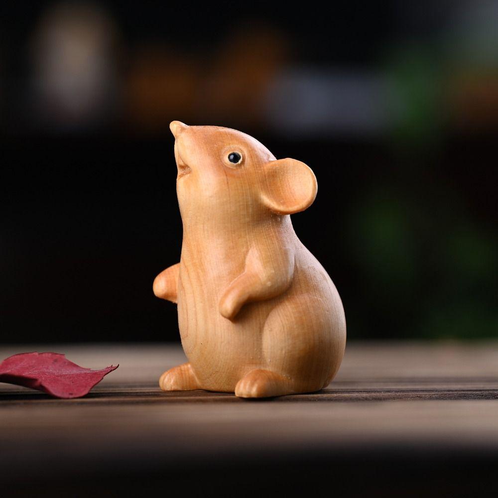 Cute Zodiac Mouse Statuette Wood Carved Animal Figurine Sculpture Home Decor Hamster Statue Home