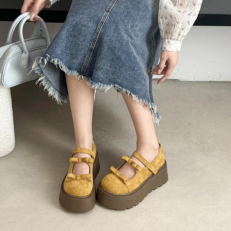 Fashion 2025 New Women Mary Jane Shoes Autumn Round Toe Vintage Bow Knot Platform Shoes Height Increase Comfortable Fashion Single Shoes