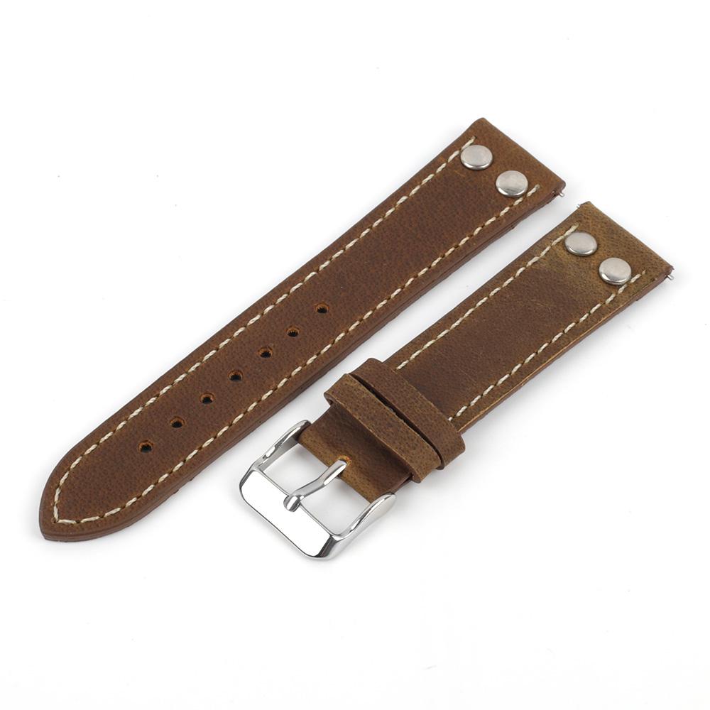 Vintage Leather Rivets Watch Strap 18mm 20mm 22mm Coffee Brown Watchband Stainless Steel Buckle for Men Wrist Belts Bracelet