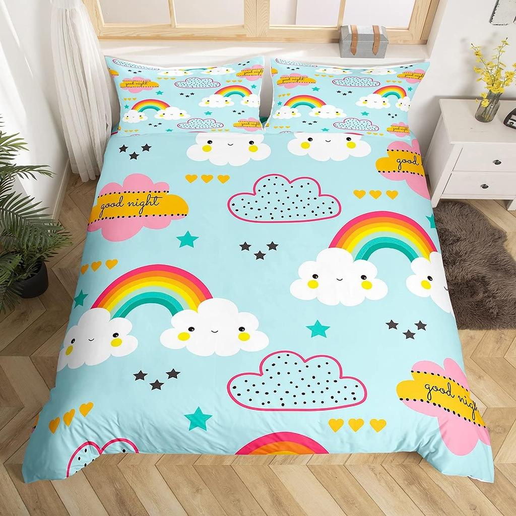 Kawaii Rainbow Duvet Cover Cartoon Iridescent Print Bedding Set For Girls Kids Room Twin,Cute Stars Clouds Decor Comforter Cover