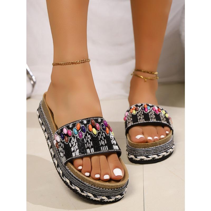 Fashionable Vintage Ethnic Diamond-Face Chunky-Sole Slippers Large Size Outdoor Beach Cork Slippers