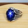 Blue Star Sapphire Men's Ring, Heavy Designer Ring For Him, 925 Sterling Silver, Oval-Shape Gemstone Birthstone, Stylish Men's Ring, Flash Light Star