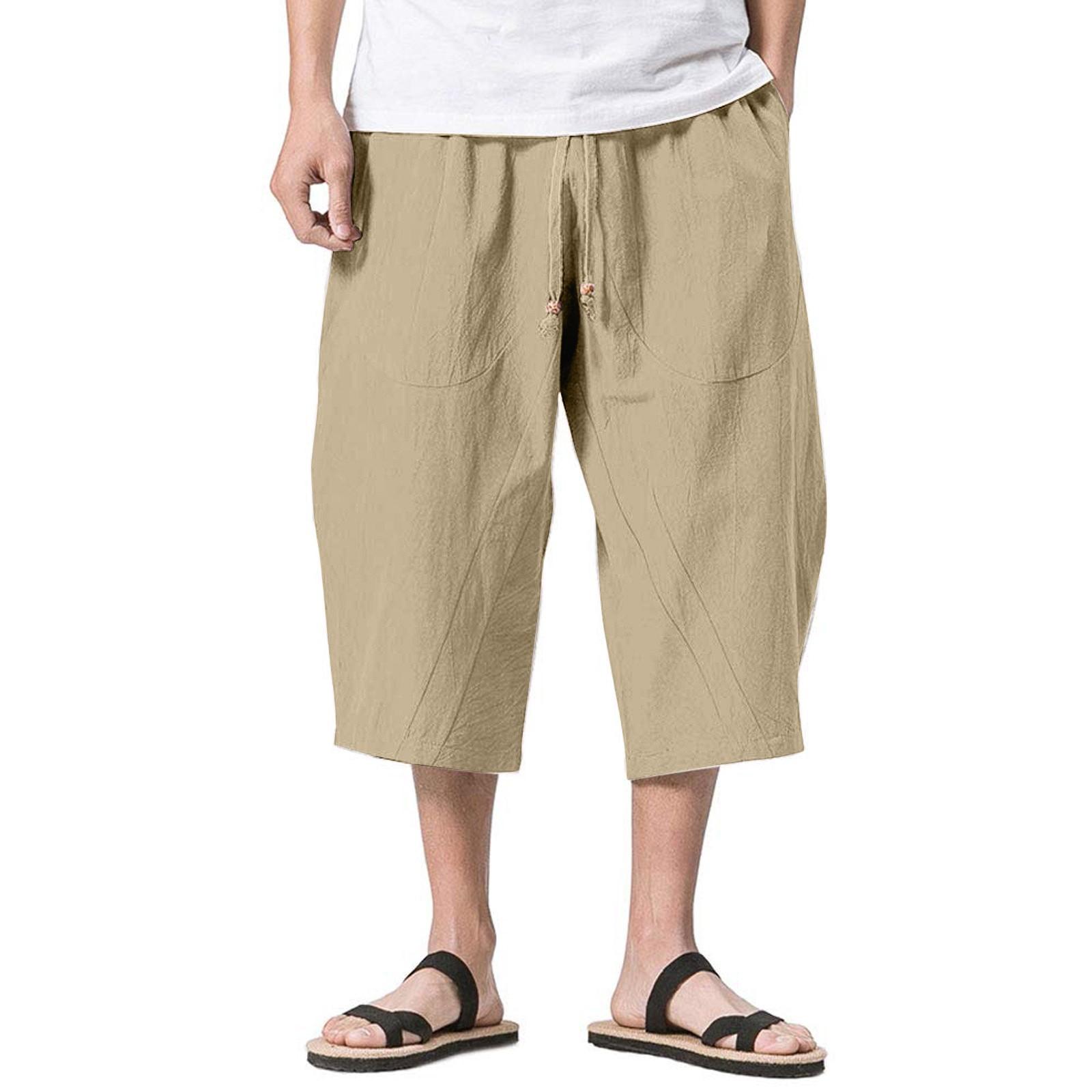 

Мужские летние модные трендовые хлопковые льняные брюки, мужские однотонные повседневные леггинсы, брюки L бежевый