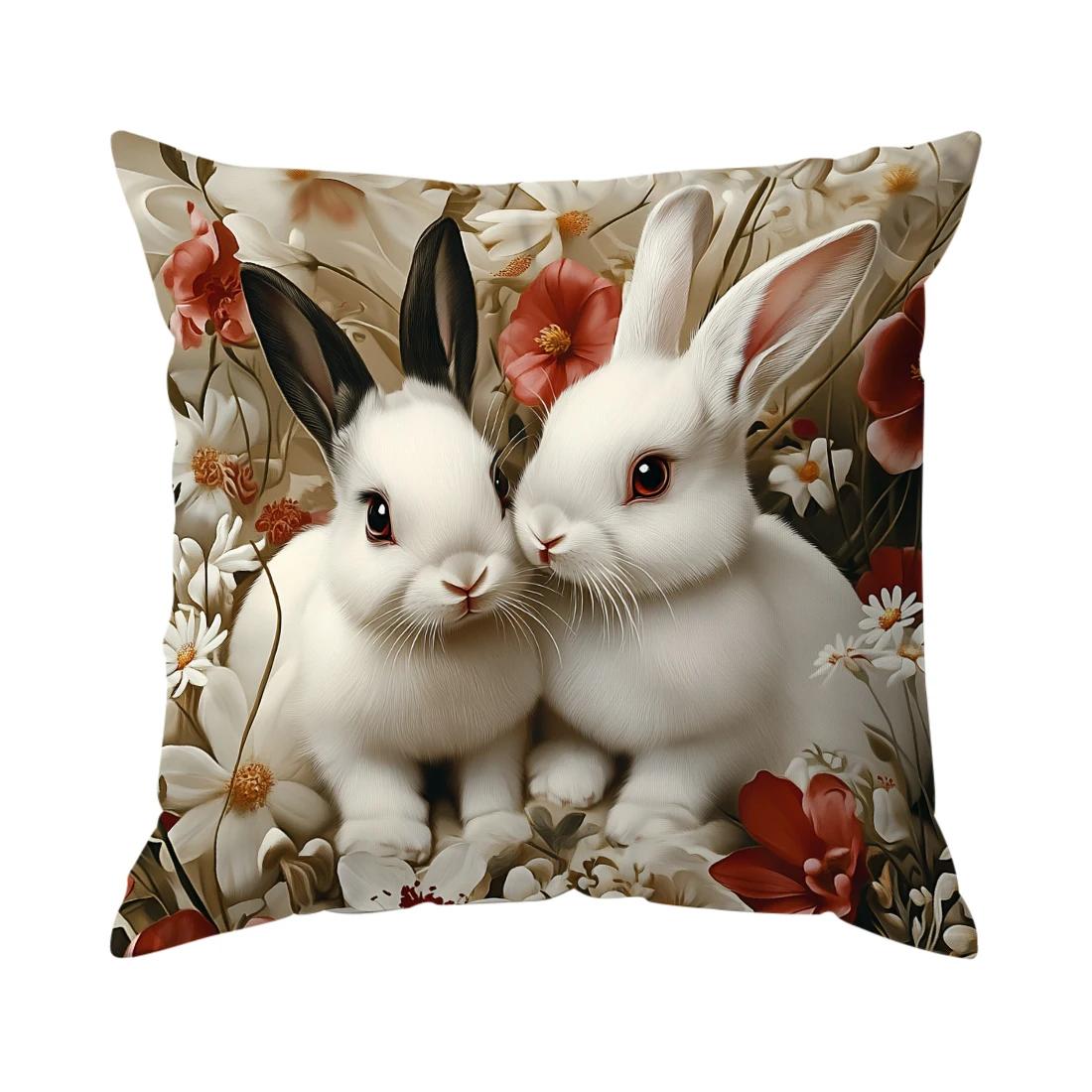 

Gorgeous Rabbit and Rose Cushions Pillowcase Polyester Cushion Cover Throw Pillow Sofa Decoration Pillowcover Home Room Decor 450*450mm