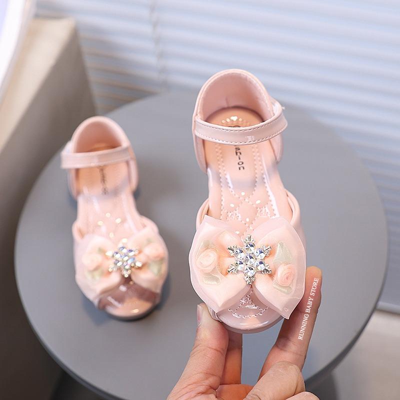 Girl's Fish Mouth Shoes with Rose Appliques Party Sandals for Kids Nice Rhinestone Star Sandals Bow-tie Students Footwear I10263