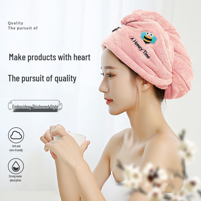 Classic Coral Fleece Embroidered Quick-Dry Hair Cap - Thick, Water-Absorbent & Shed-Resistant