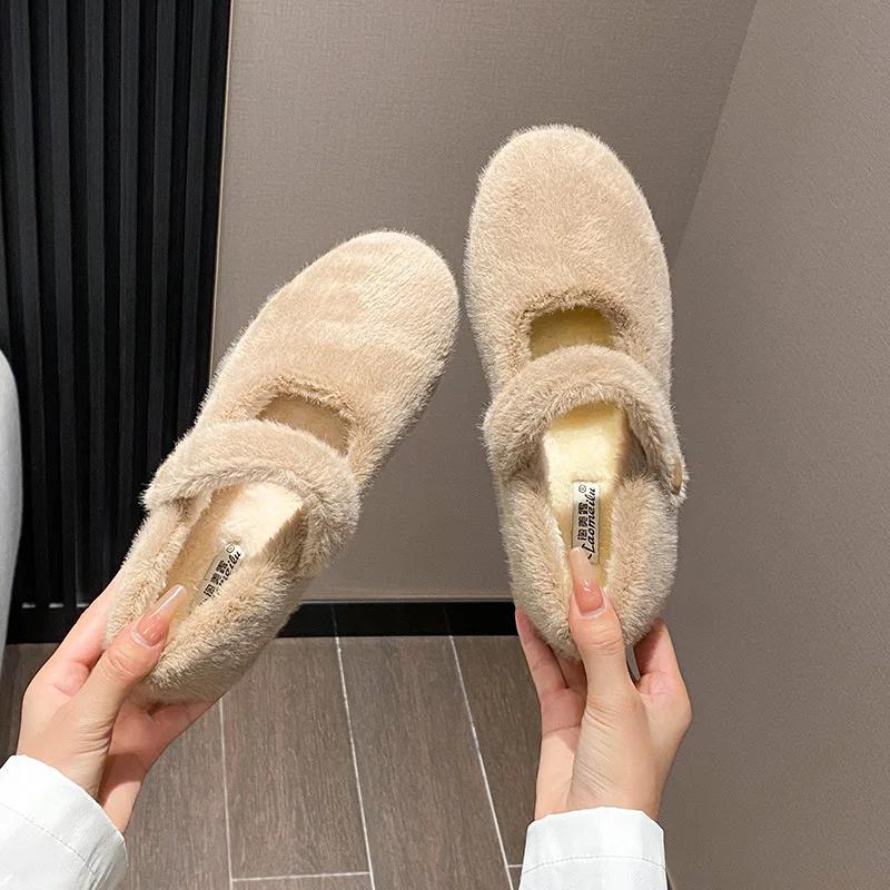 Fashion 2024 Winter Warm Women’s Plush Flat Shoes Korean style mary jane Ladies casual boat shoes Outdoor work shoes