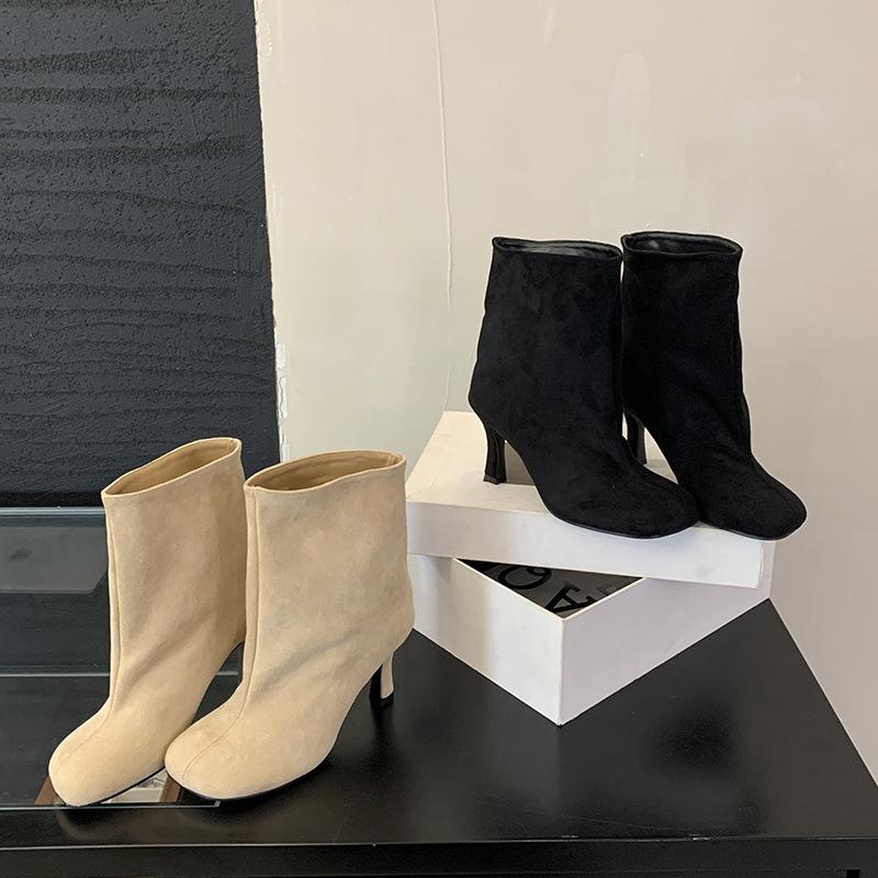 Fashion 2025 Autumn New Street Style Round Head High Heel Short Boots for Commuting Versatile Solid Color Sleeve Women's Botas Mujer