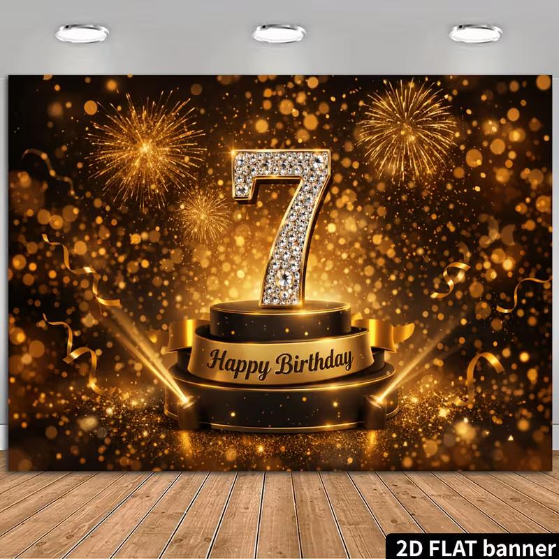 2D Black Gold Diamond Number 7 Birthday Backdrop Firework Glitter Photo Background Banner