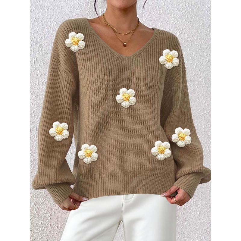 

Осенне-зимний женский пуловер, ручная вязка крючком, 3D пэчворк, уникальный свитер с глубоким V-образным вырезом XL хаки