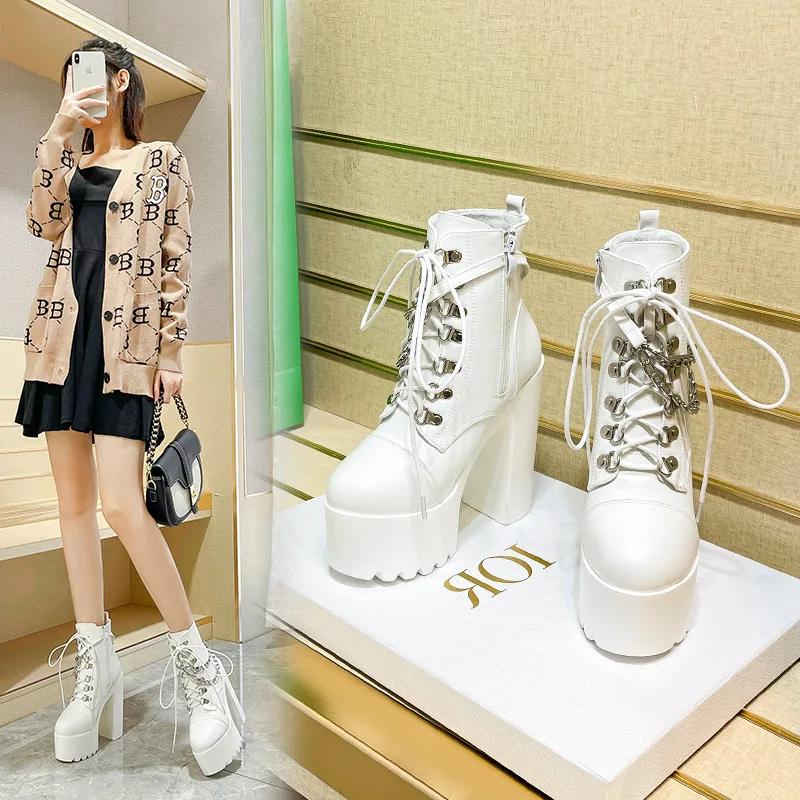 Fashion Women Shoes Boots Black Dark Cool Thick Bottom Platform Harajuku Shoes With Metal Chain Gothic Punk Girls Shoes Footwear