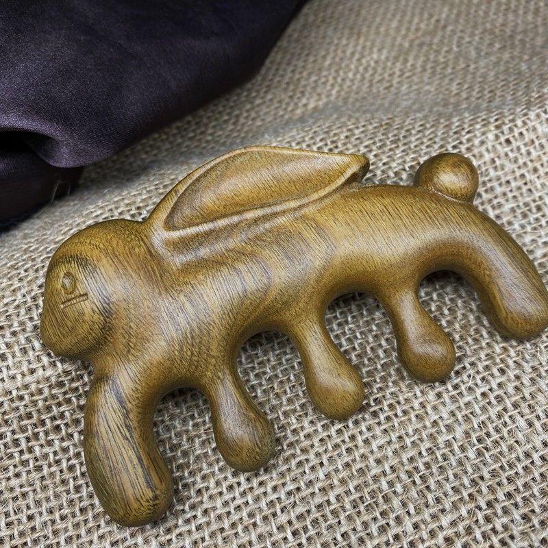 Wooden Massager Green Sandalwood Rabbit Massage Comb Head Meridian Gua Sha Scalp Relaxation Acupuncture Therapy Wide Teeth Comb