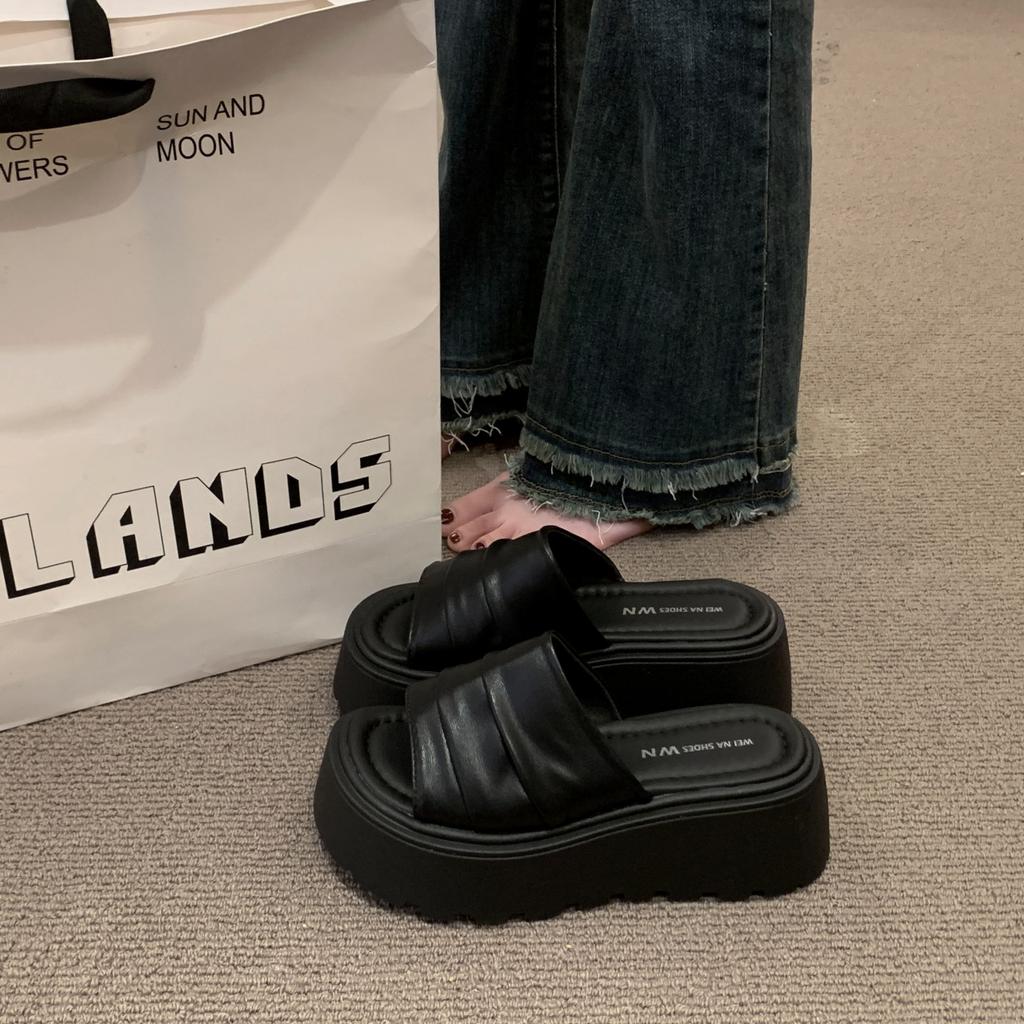Thick-bottomed Heightening Cool Slippers for Women's Summer Wear 2025 New Models with Skirts, Beach One-word Drag, Small Muffin Slippers