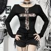 Goth Dark Sexy Lace Patchwork Cross Long Sleeve Pulloves T-shirts Y2K Women Streetwear Mall Gothic Slim Tops T-shirt