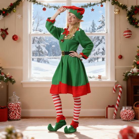 8 stk Kvinner Julenissekostymesett Grønn Julekjole Festlig Antrekk med Nisseører Hatt Sko Belte Stripete Sokker